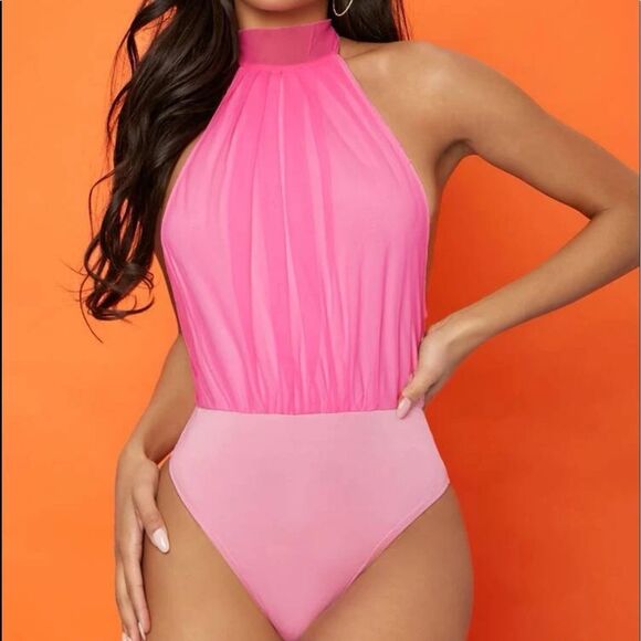 Barbiecore Ballet Pink Mock Neck Bow Tie Backless Mesh Sleeveless Bodysuit - Picture 1 of 13